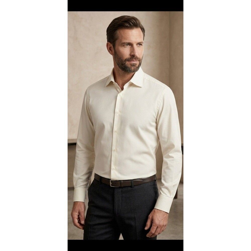 Brioni Italy Menโs Dress Shirt Off White Herringbone 100% Cotton 44 17.5 Luxury